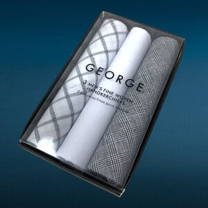 NEW George 3 Pack Men's Fine Woven 100% Cotton Handkerchiefs Gray Black White